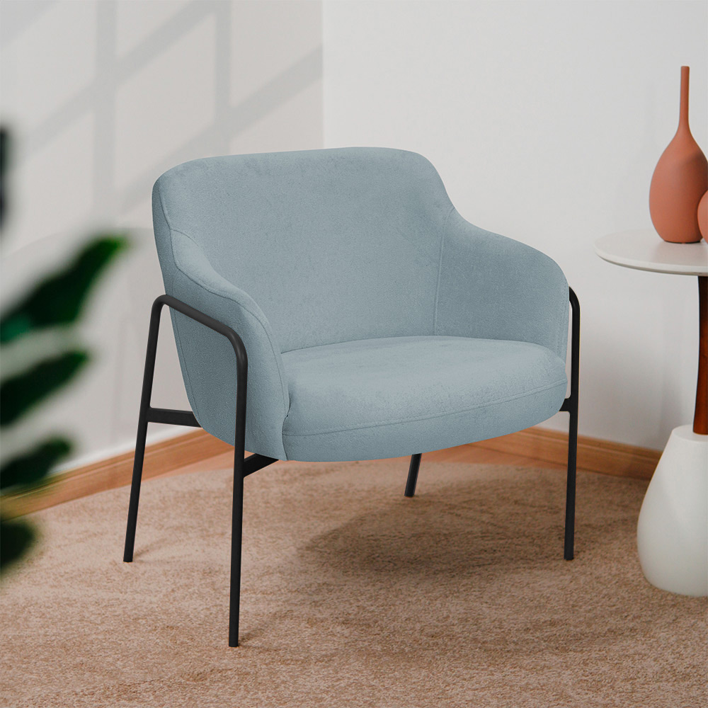 Poltrona Decorativa Jade Base Aço Preto Bouclé Azul Claro - Nexta Casa