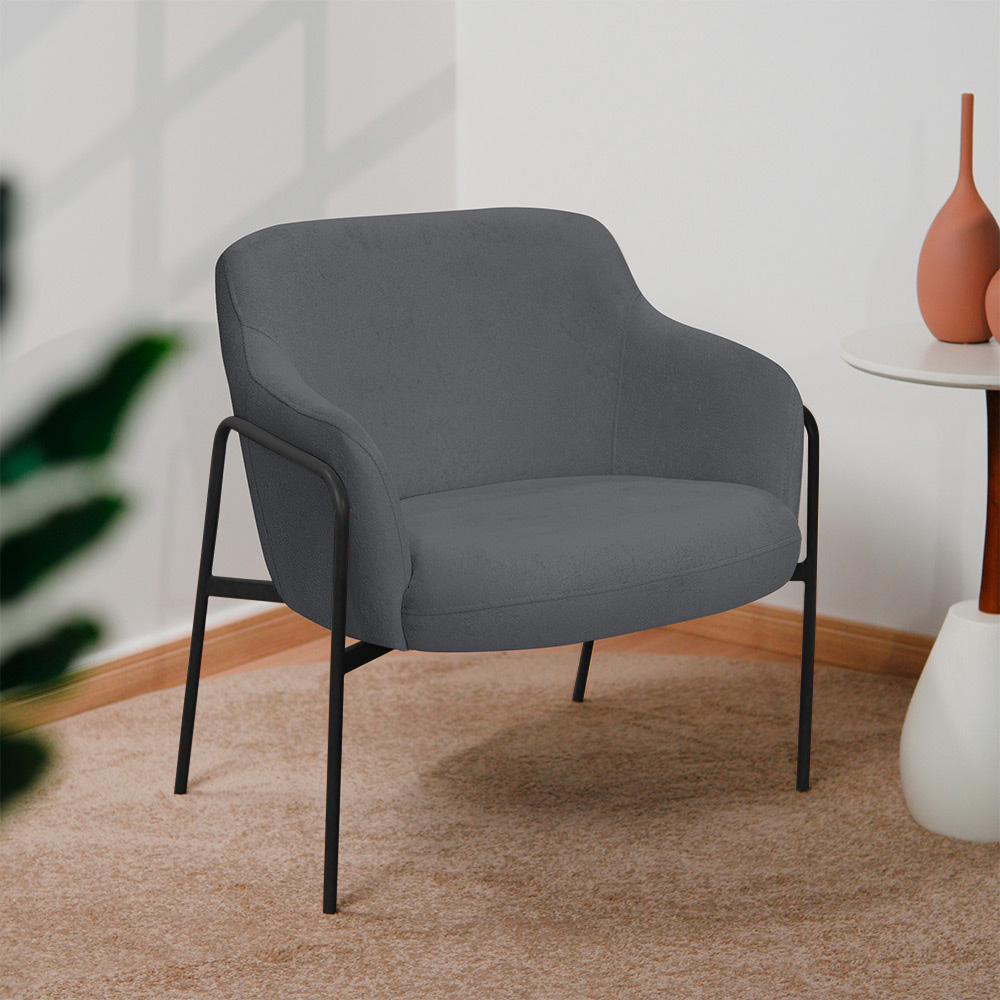 Poltrona Decorativa Jade Base Aço Preto Bouclé Grafite - Nexta Casa