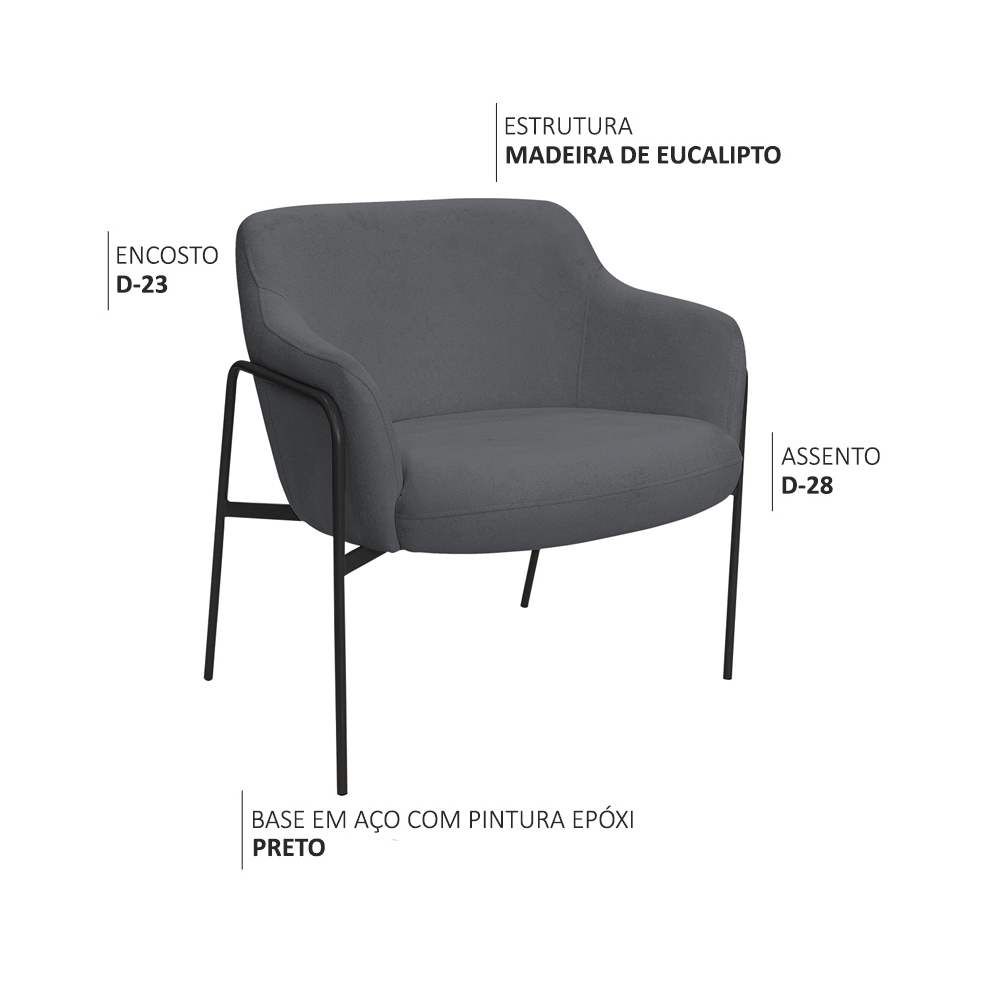 Poltrona Decorativa Jade Base Aço Preto Bouclé Grafite - Nexta Casa