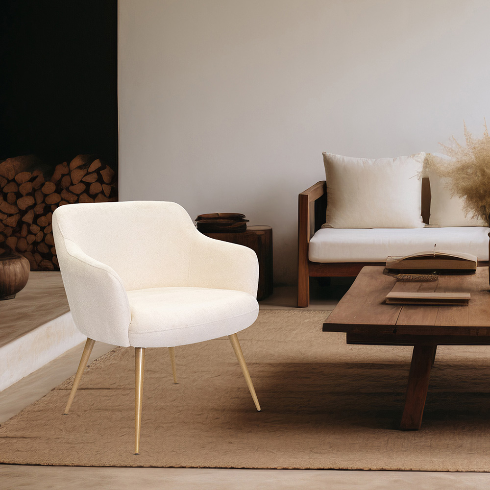 Poltrona Decorativa Jade Pés Palito Ouro Fosco Bouclé Off White - Nexta Casa