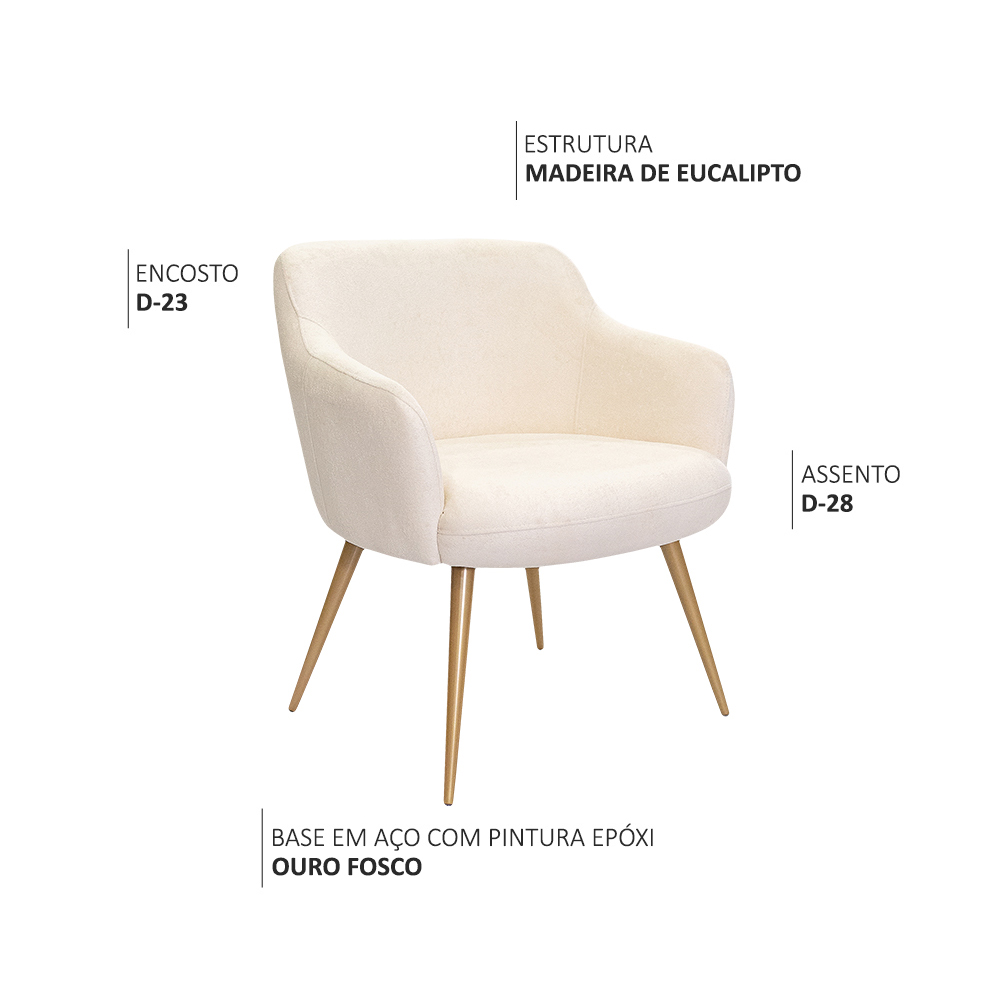 Poltrona Decorativa Jade Pés Palito Ouro Fosco Bouclé Off White - Nexta Casa