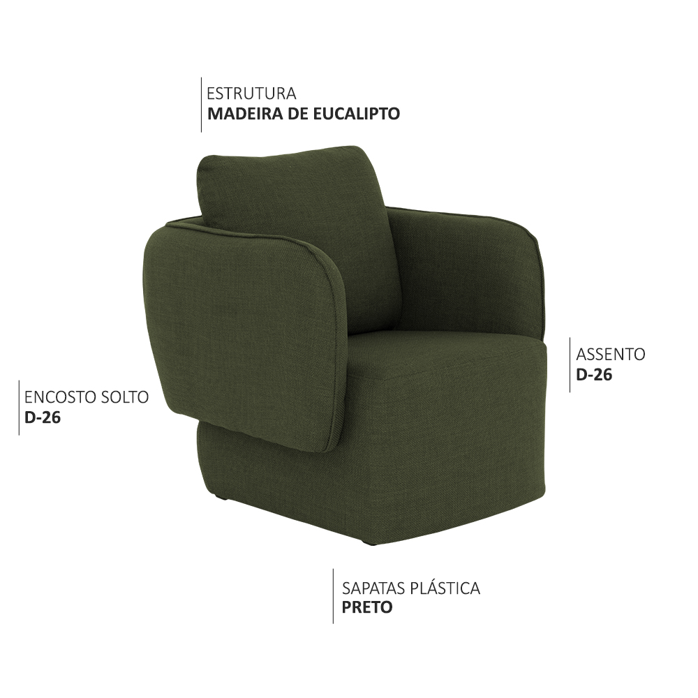 Poltrona Decorativa Sala de Estar Duna Linho Verde Musgo - Nexta Casa