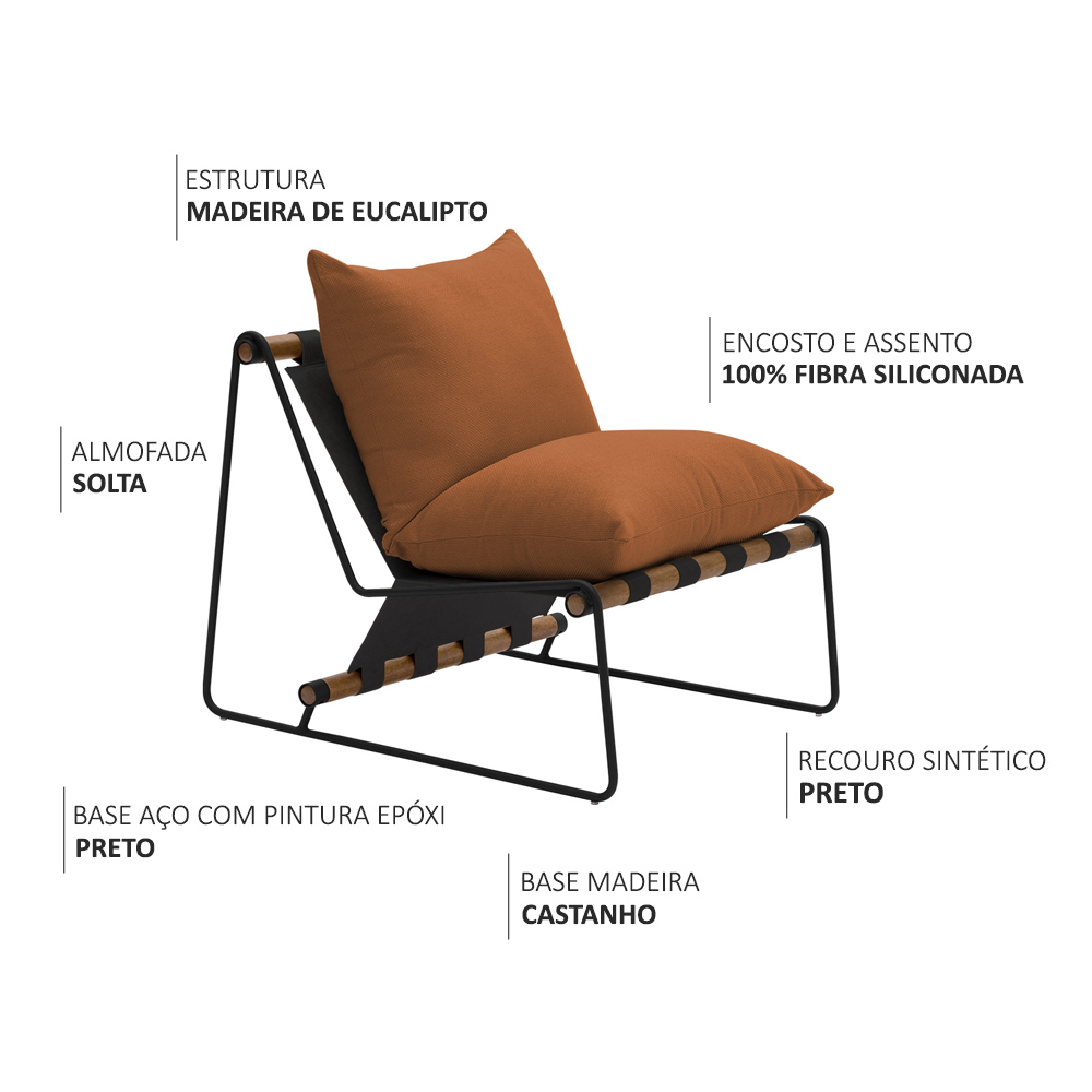 Poltrona Decorativa Turim Base Aço Preto Recouro Black Poliéster Terracota - Nexta Casa