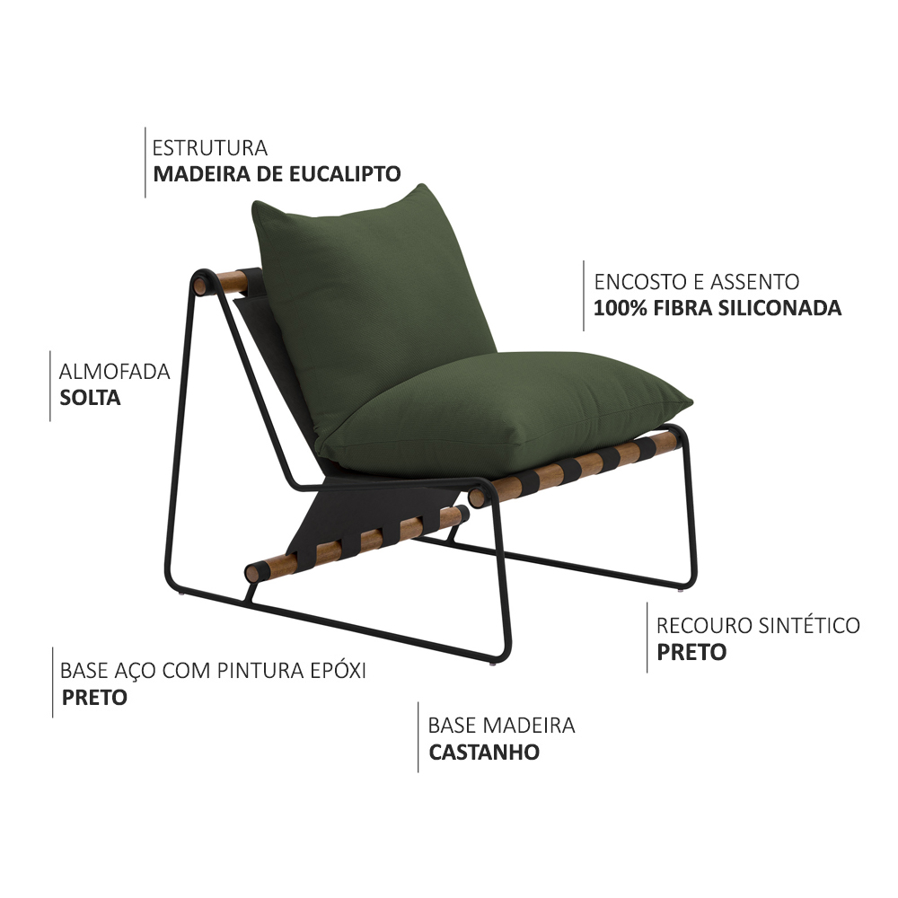 Poltrona Decorativa Turim Base Aço Preto Recouro Black Poliéster Verde Musgo - Nexta Casa