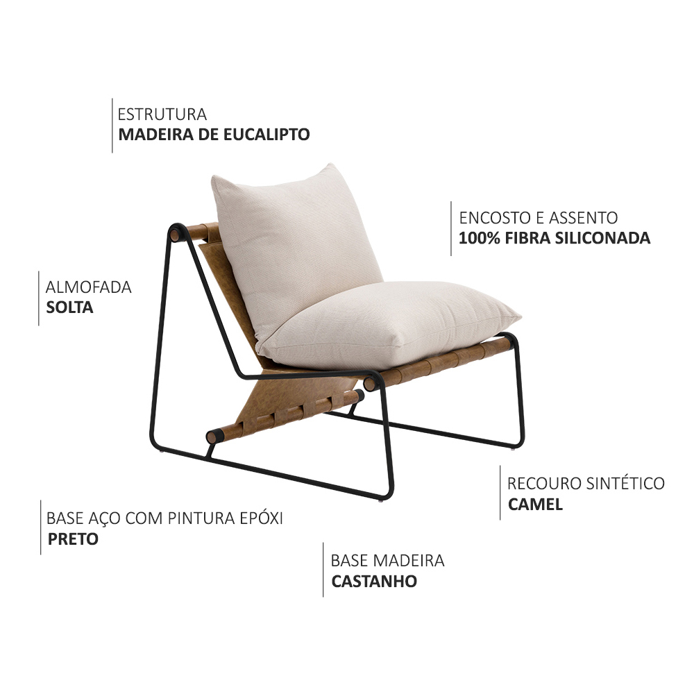 Poltrona Decorativa Turim Base Aço Preto Recouro Camel Linho Off White - Nexta Casa