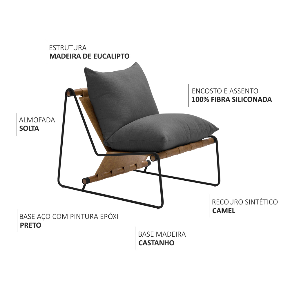 Poltrona Decorativa Turim Base Aço Preto Recouro Camel Poliéster Cinza - Nexta Casa