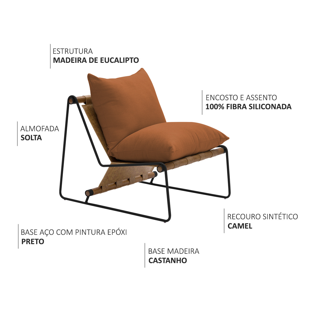Poltrona Decorativa Turim Base Aço Preto Recouro Camel Poliéster Terracota - Nexta Casa