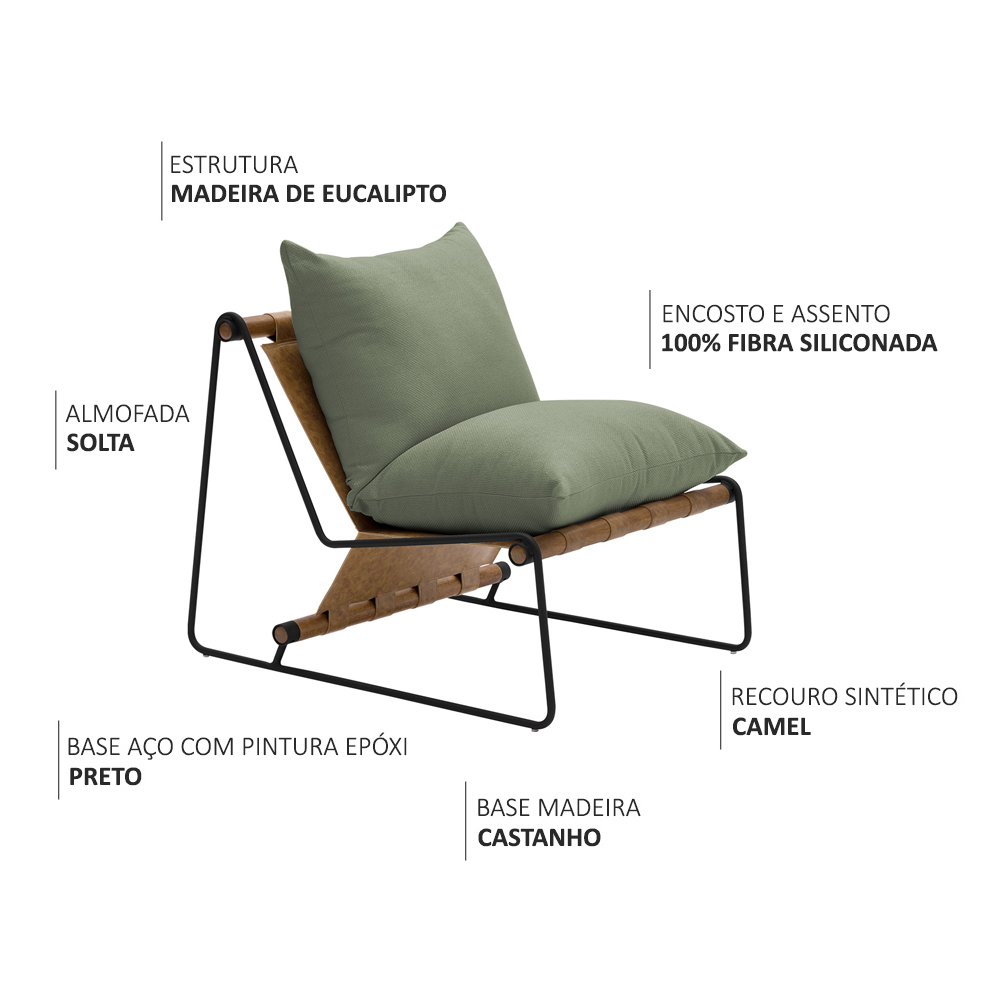 Poltrona Decorativa Turim Base Aço Preto Recouro Camel Poliéster Verde - Nexta Casa