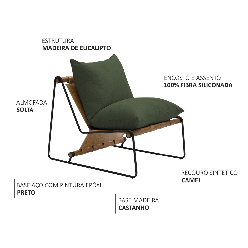 Poltrona Decorativa Turim Base Aço Preto Recouro Camel Poliéster Verde Musgo - Nexta Casa