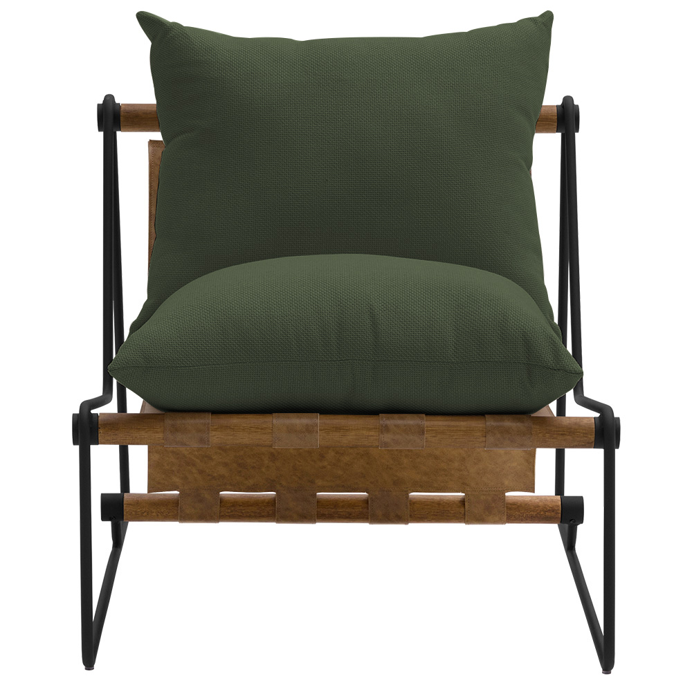 Poltrona Decorativa Turim Base Aço Preto Recouro Camel Poliéster Verde Musgo - Nexta Casa