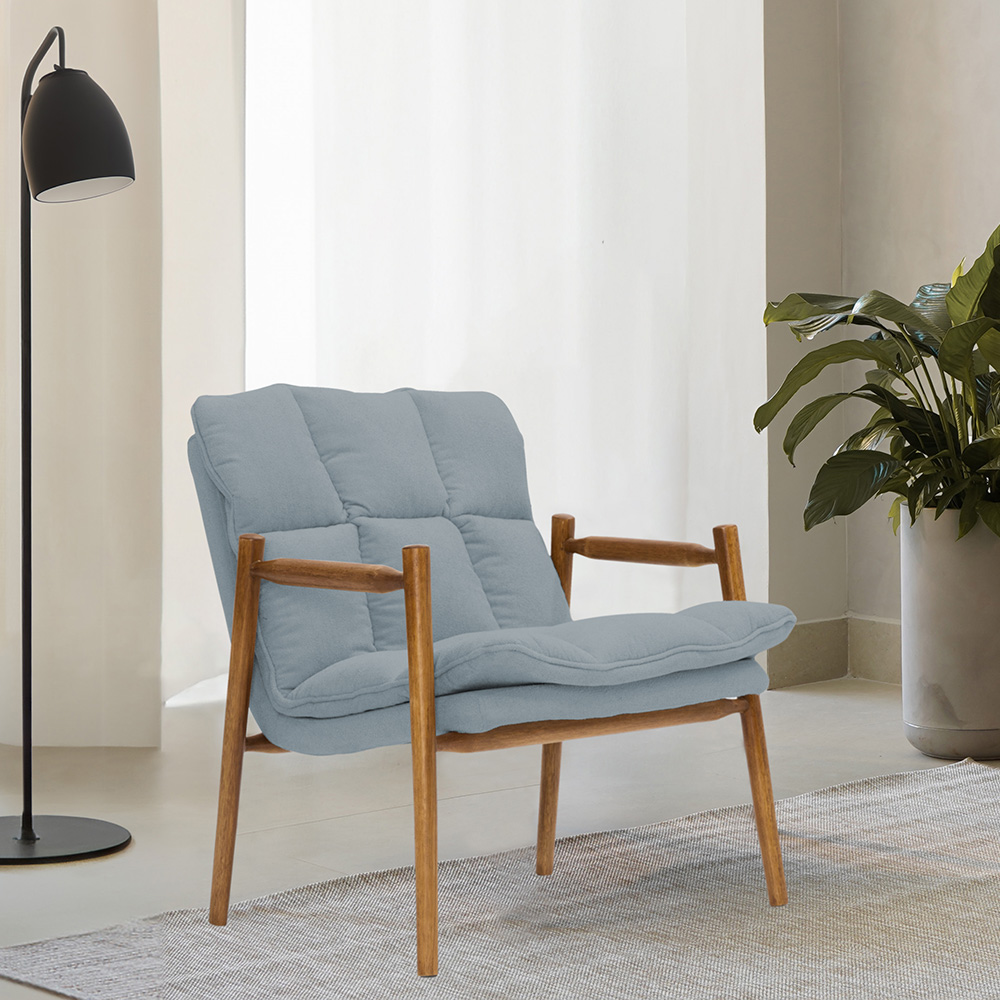 Poltrona Hermes Base Madeira Castanho Bouclé Azul Claro - Nexta Casa