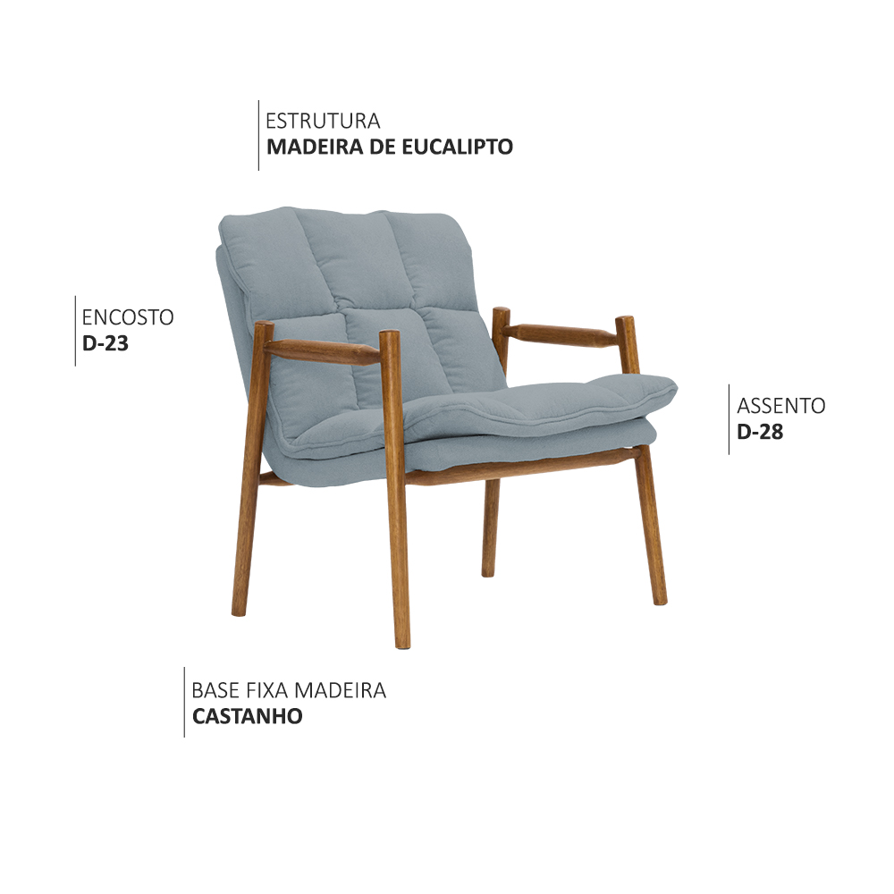 Poltrona Hermes Base Madeira Castanho Bouclé Azul Claro - Nexta Casa