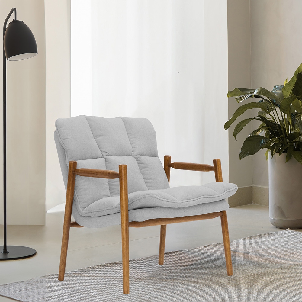 Poltrona Hermes Base Madeira Castanho Bouclé Cinza Claro - Nexta Casa