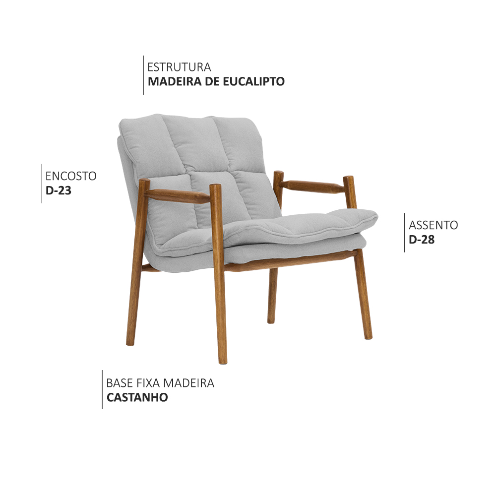 Poltrona Hermes Base Madeira Castanho Bouclé Cinza Claro - Nexta Casa