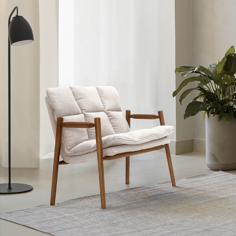 Poltrona Hermes Base Madeira Castanho Bouclé Off White - Nexta Casa