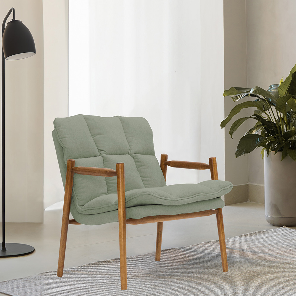 Poltrona Hermes Base Madeira Castanho Bouclé Verde Claro - Nexta Casa
