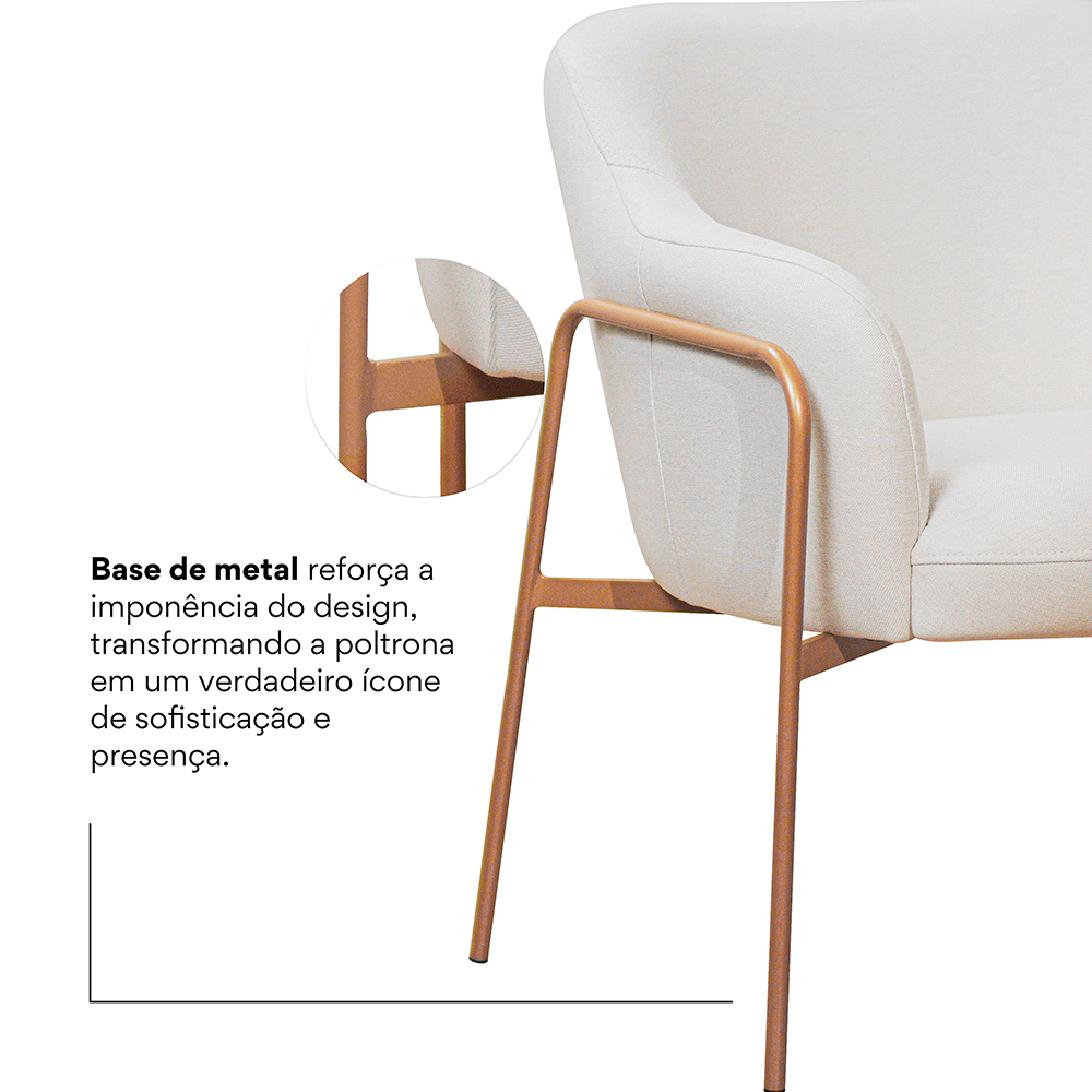 Poltrona Jade Base Aço Ouro Fosco Tecido Linho Off White - Nexta Casa