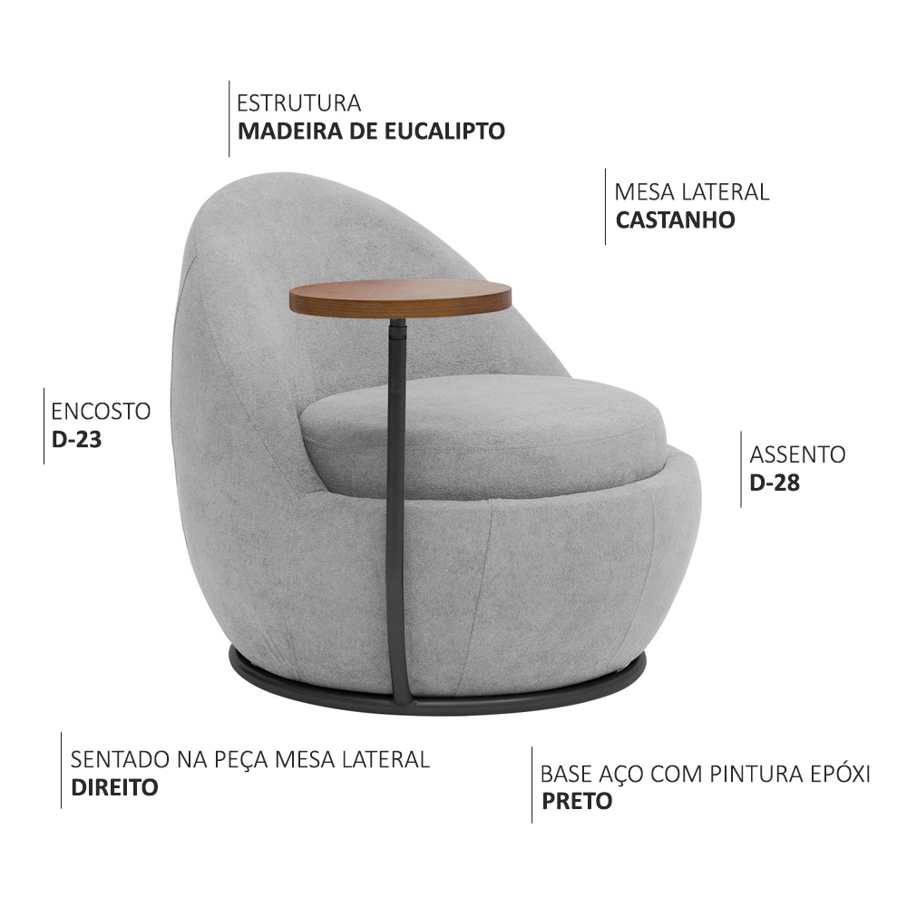 Poltrona Kaira Mesa Lateral Direita Base Fixa Preto Bouclé Cinza Claro - Nexta Casa