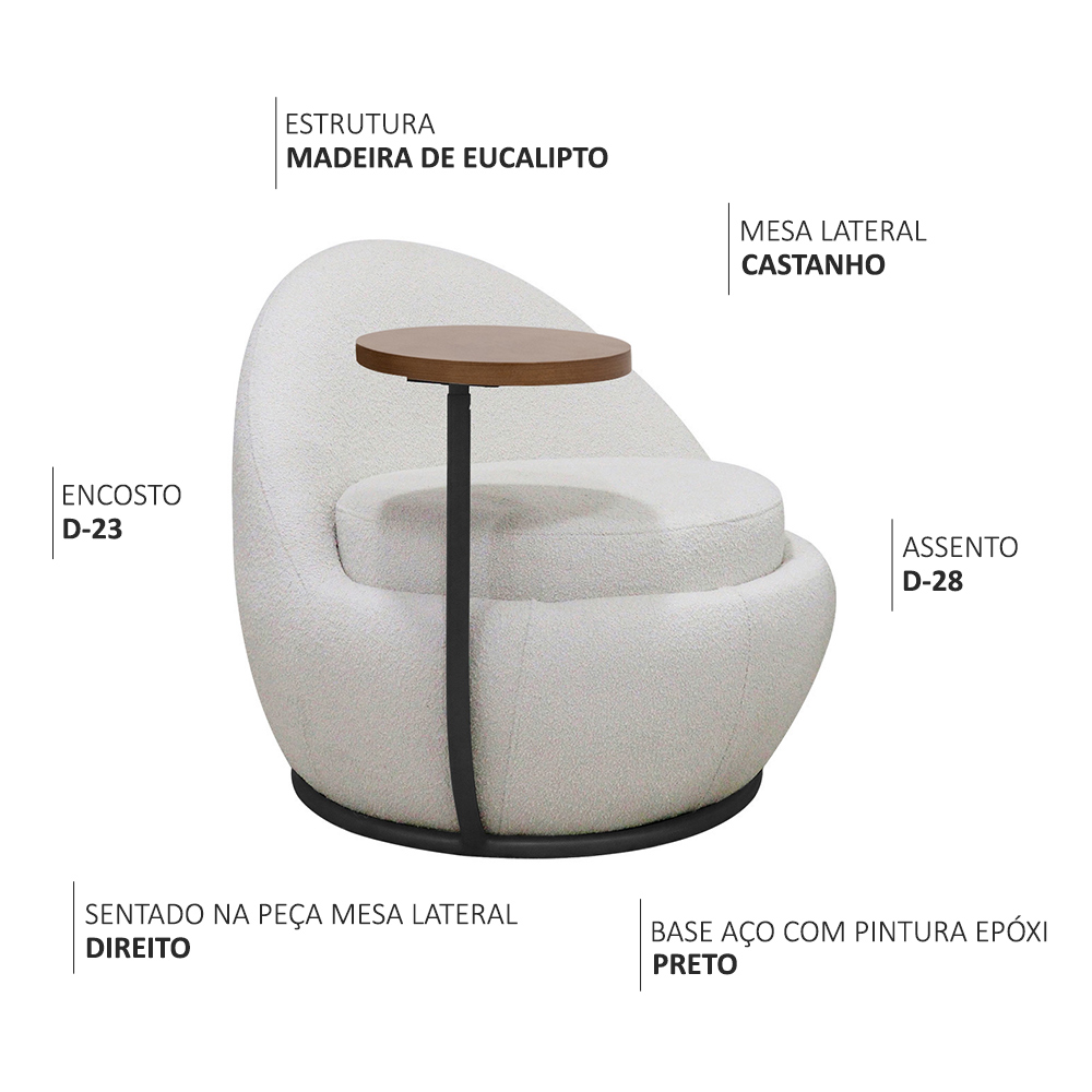 Poltrona Kaira Mesa Lateral Direita Base Fixa Preto Bouclé Creep Off White - Nexta Casa