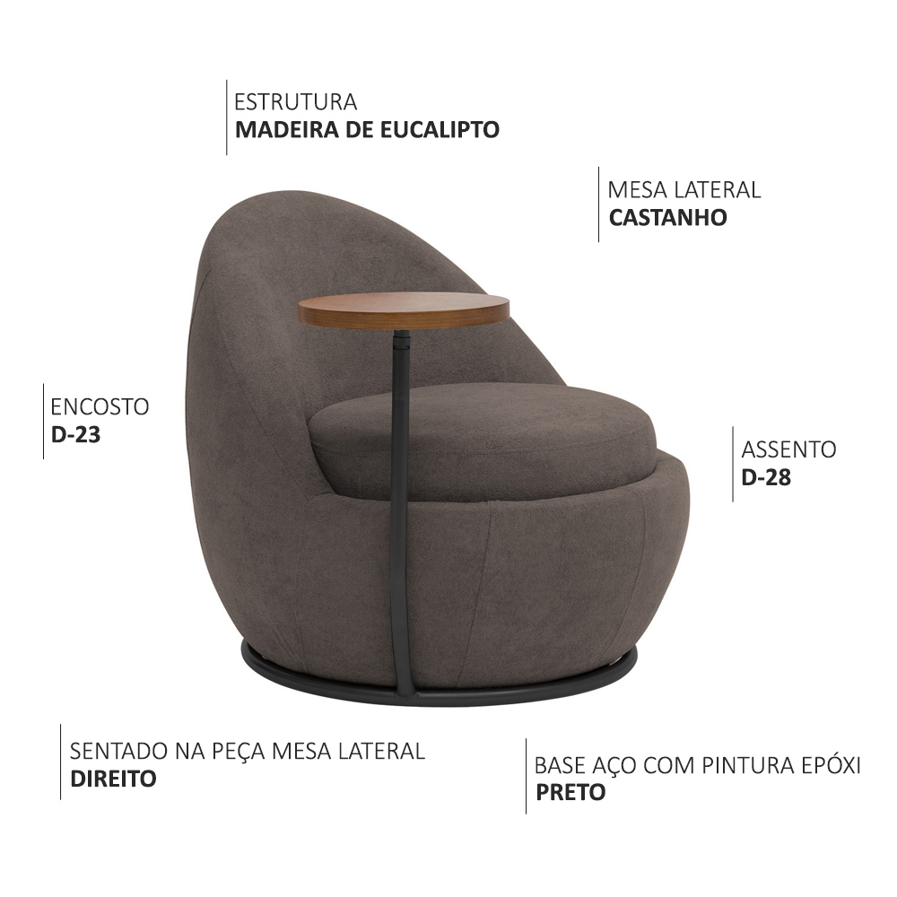 Poltrona Kaira Mesa Lateral Direita Base Fixa Preto Bouclé Marrom - Nexta Casa