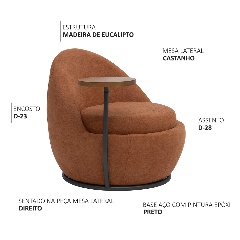 Poltrona Kaira Mesa Lateral Direita Base Fixa Preto Bouclé Terracota - Nexta Casa