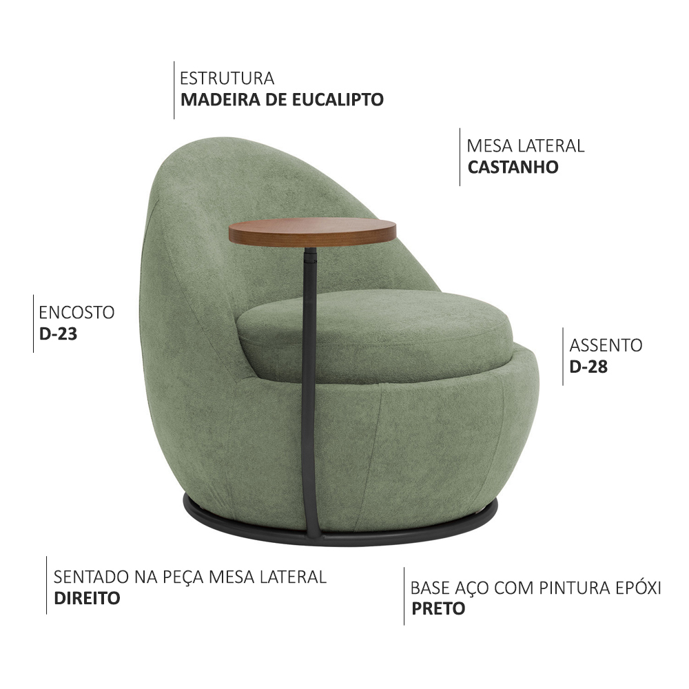 Poltrona Kaira Mesa Lateral Direita Base Fixa Preto Bouclé Verde Claro - Nexta Casa