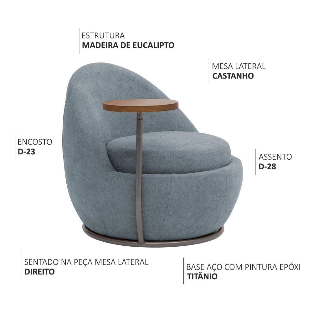 Poltrona Kaira Mesa Lateral Direita Base Fixa Titânio Bouclé Azul Claro - Nexta Casa