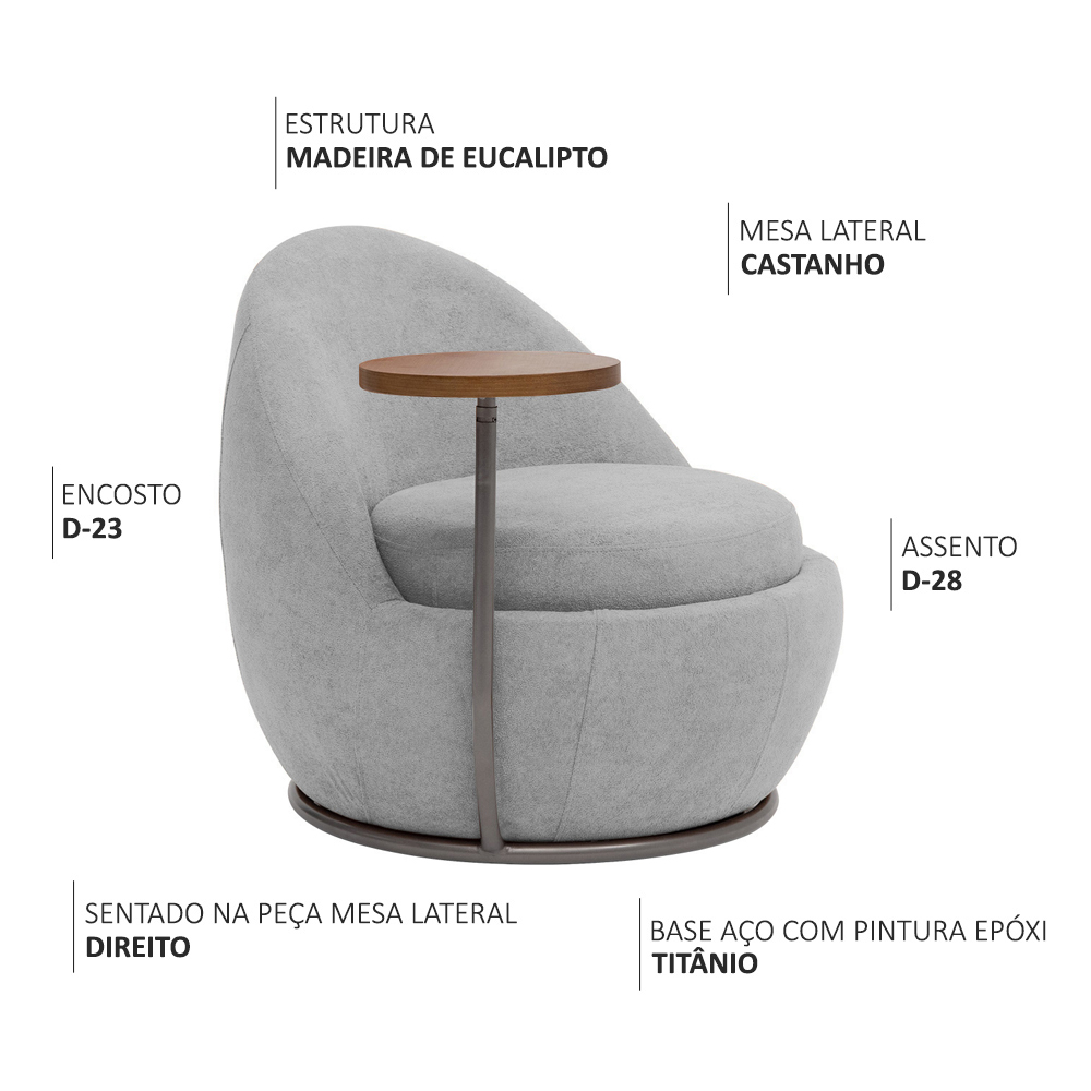 Poltrona Kaira Mesa Lateral Direita Base Fixa Titânio Bouclé Cinza Claro - Nexta Casa