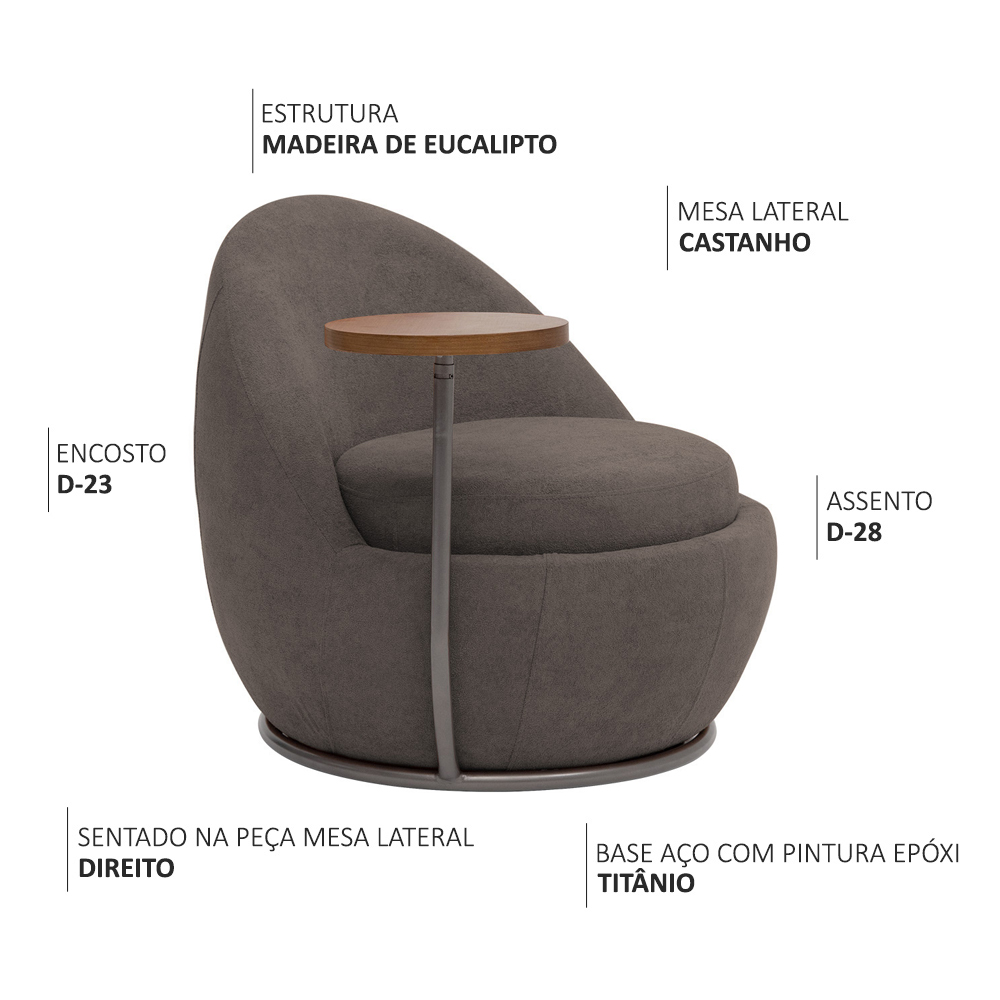 Poltrona Kaira Mesa Lateral Direita Base Fixa Titânio Bouclé Marrom - Nexta Casa