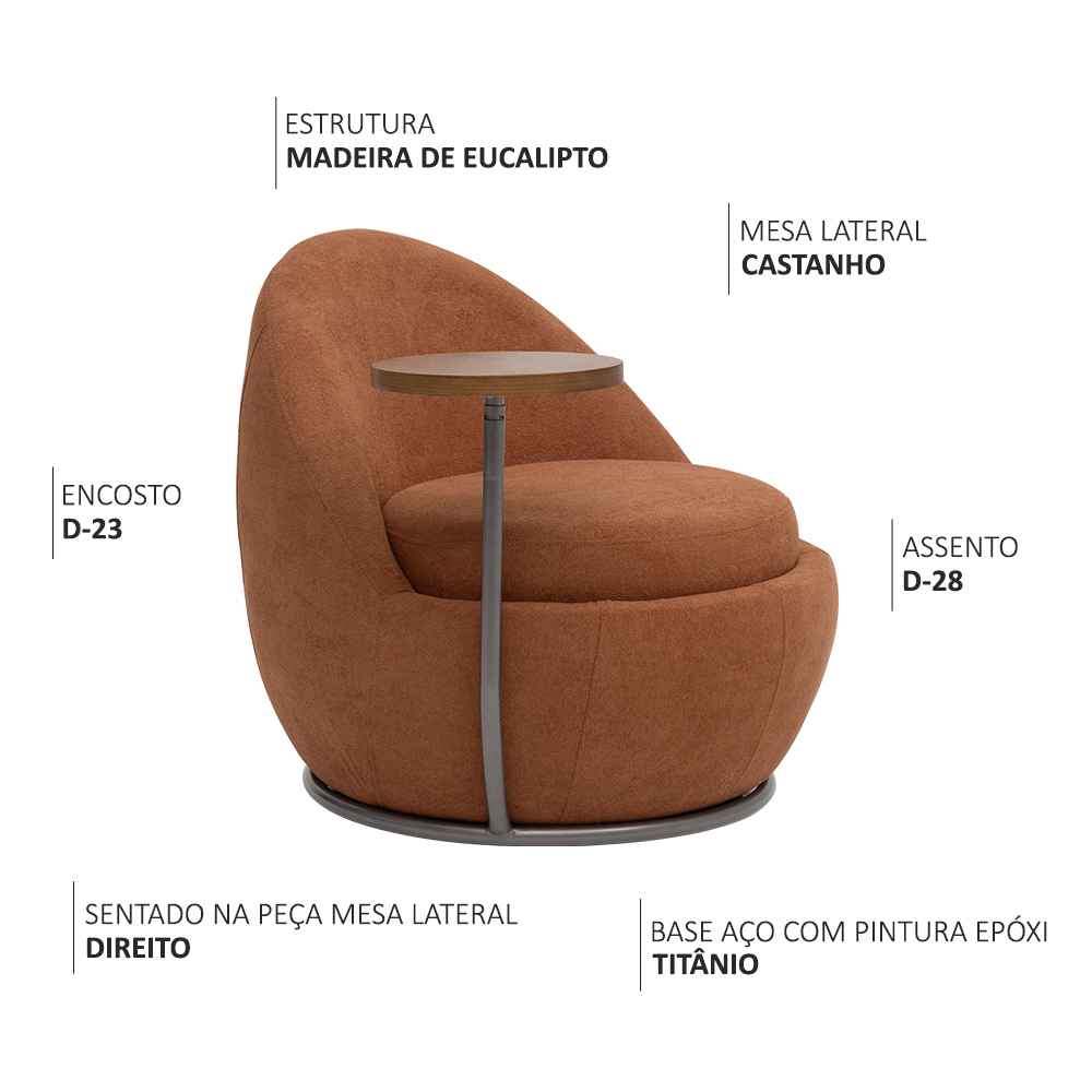Poltrona Kaira Mesa Lateral Direita Base Fixa Titânio Bouclé Terracota - Nexta Casa