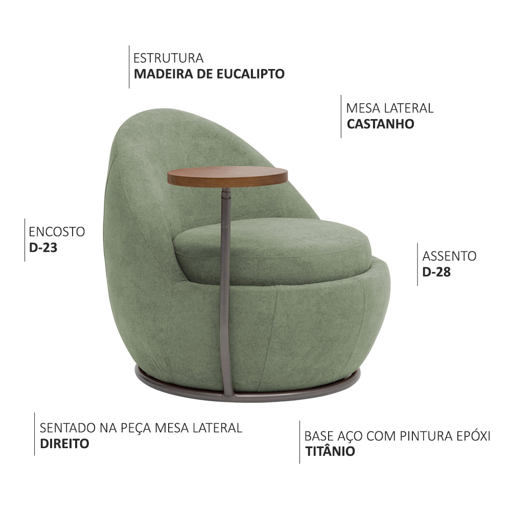 Poltrona Kaira Mesa Lateral Direita Base Fixa Titânio Bouclé Verde Claro - Nexta Casa