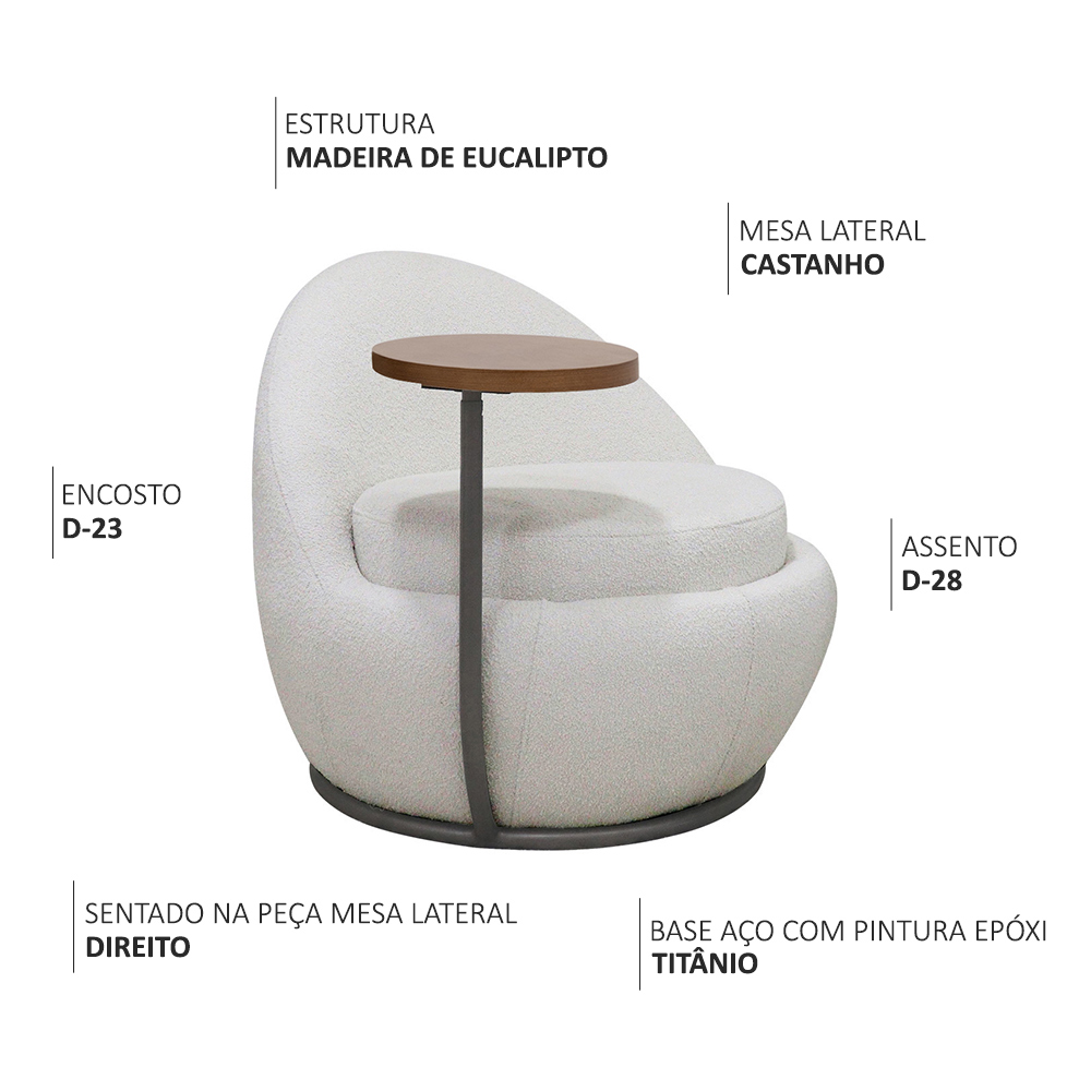 Poltrona Kaira Mesa Lateral Direita Fixa Titânio Bouclé Creep Off White - Nexta Casa