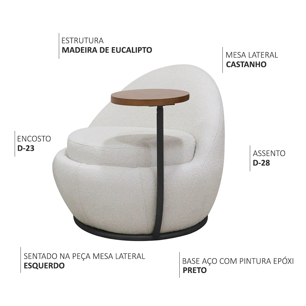 Poltrona Kaira Mesa Lateral Esquerda Base Fixa Preto Bouclé Creep Off White - Nexta Casa