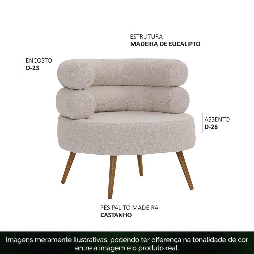 Poltrona Minimalista Mabel Pés Palito Castanho Bouclé Sheep Bege Claro - Nexta Casa