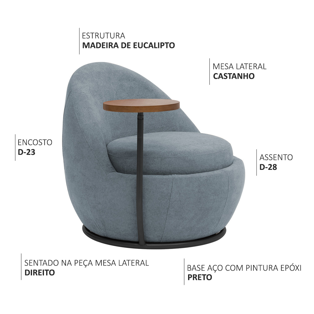 Poltrona Orgânica Kaira com Mesa Lateral Direita Base Fixa Preto Bouclé Azul Claro - Nexta Casa