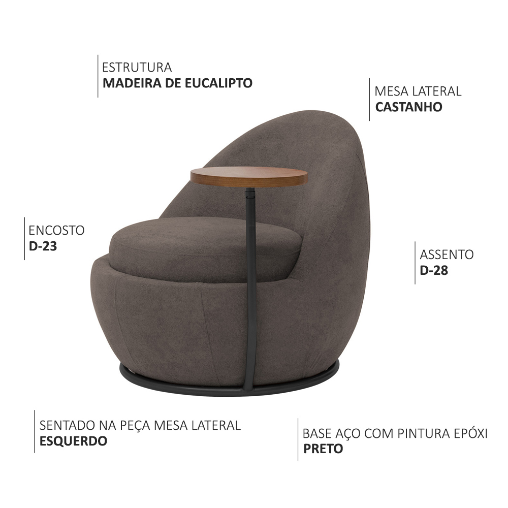 Poltrona Orgânica Kaira com Mesa Lateral Esquerda Base Fixa Preto Bouclé Marrom - Nexta Casa