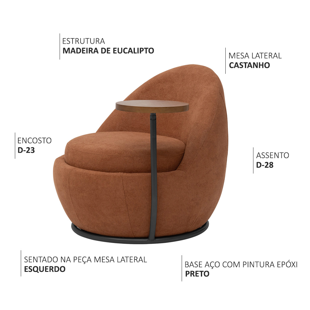 Poltrona Orgânica Kaira com Mesa Lateral Esquerda Base Fixa Preto Bouclé Terracota - Nexta Casa