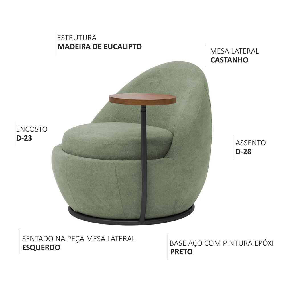 Poltrona Orgânica Kaira com Mesa Lateral Esquerda Base Fixa Preto Bouclé Verde Claro - Nexta Casa