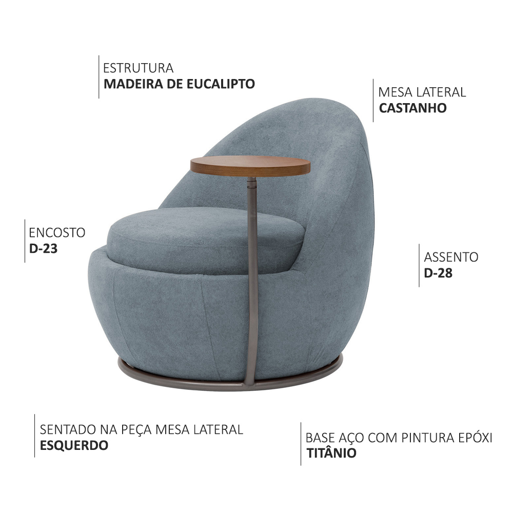 Poltrona Orgânica Kaira com Mesa Lateral Esquerda Base Fixa Titânio Bouclé Azul Claro - Nexta Casa