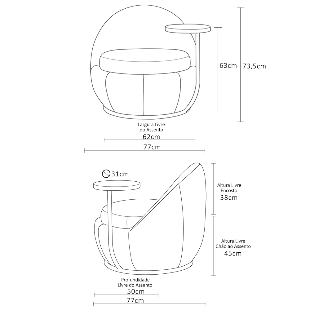 Poltrona Orgânica Kaira com Mesa Lateral Esquerda Base Fixa Titânio Bouclé Cinza Claro - Nexta Casa