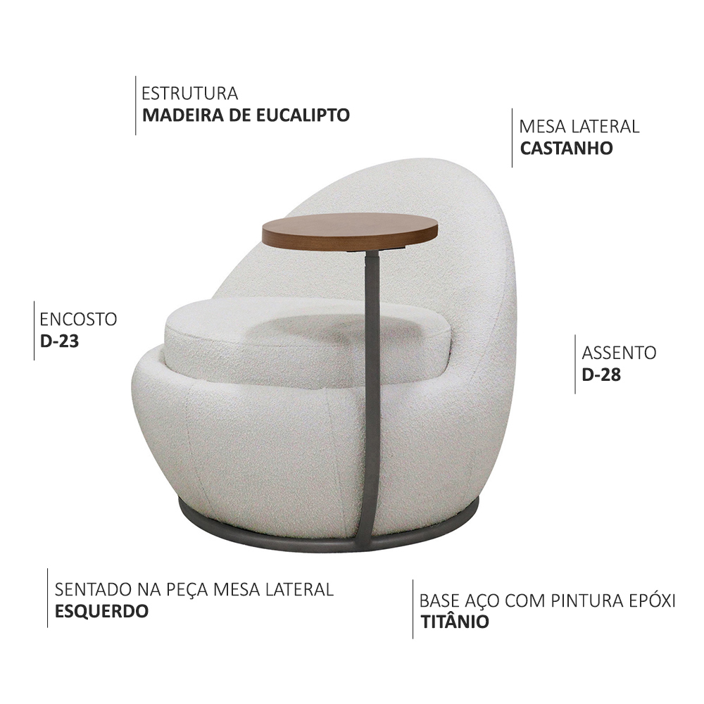 Poltrona Orgânica Kaira com Mesa Lateral Esquerda Base Fixa Titânio Bouclé Creep Off White - Nexta Casa