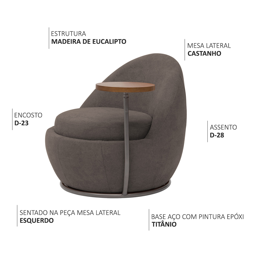 Poltrona Orgânica Kaira com Mesa Lateral Esquerda Base Fixa Titânio Bouclé Marrom - Nexta Casa