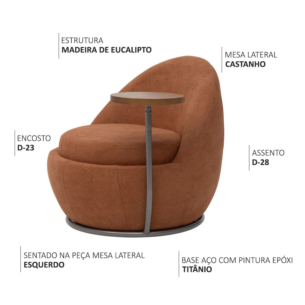 Poltrona Orgânica Kaira com Mesa Lateral Esquerda Base Fixa Titânio Bouclé Terracota - Nexta Casa