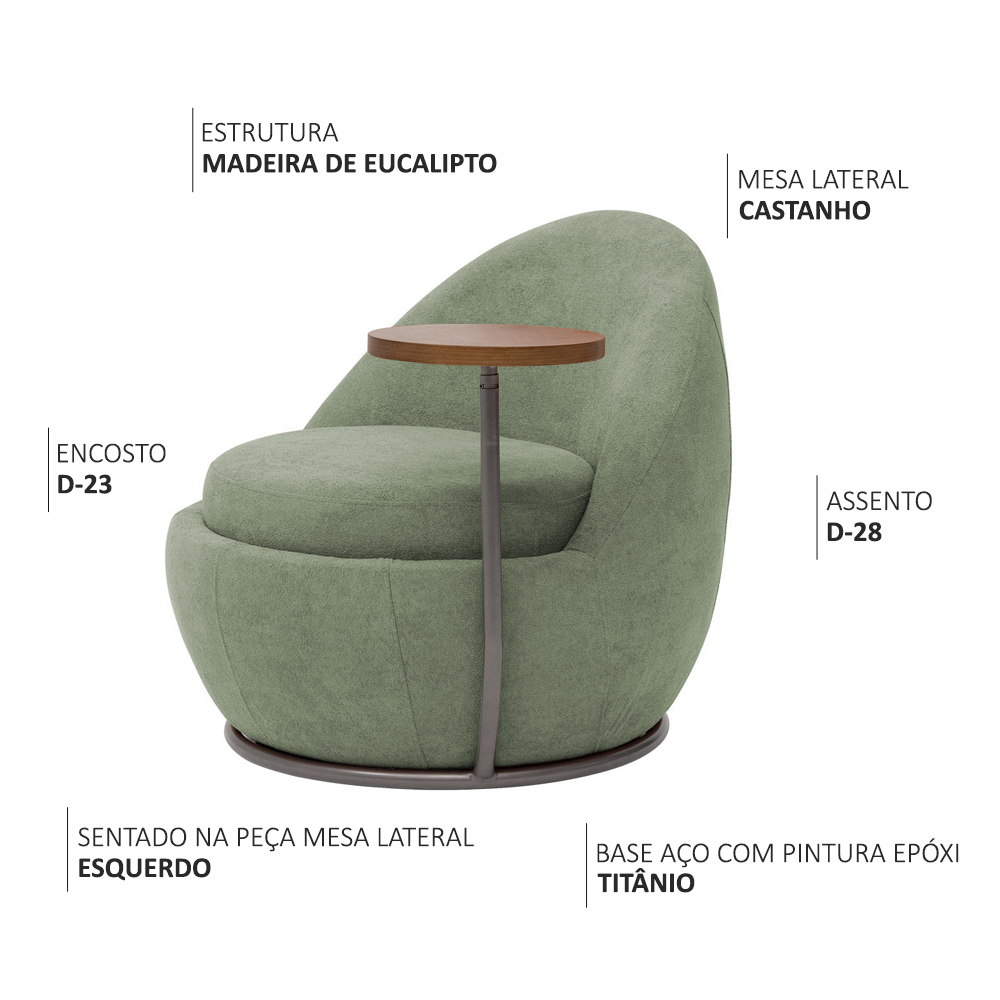 Poltrona Orgânica Kaira com Mesa Lateral Esquerda Base Fixa Titânio Bouclé Verde Claro - Nexta Casa