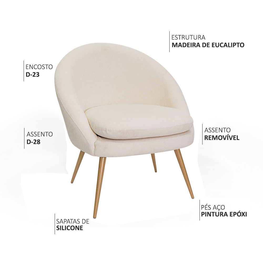 Poltrona Para Sala Rafa Pés Ouro Fosco Bouclé Off White - Nexta Casa