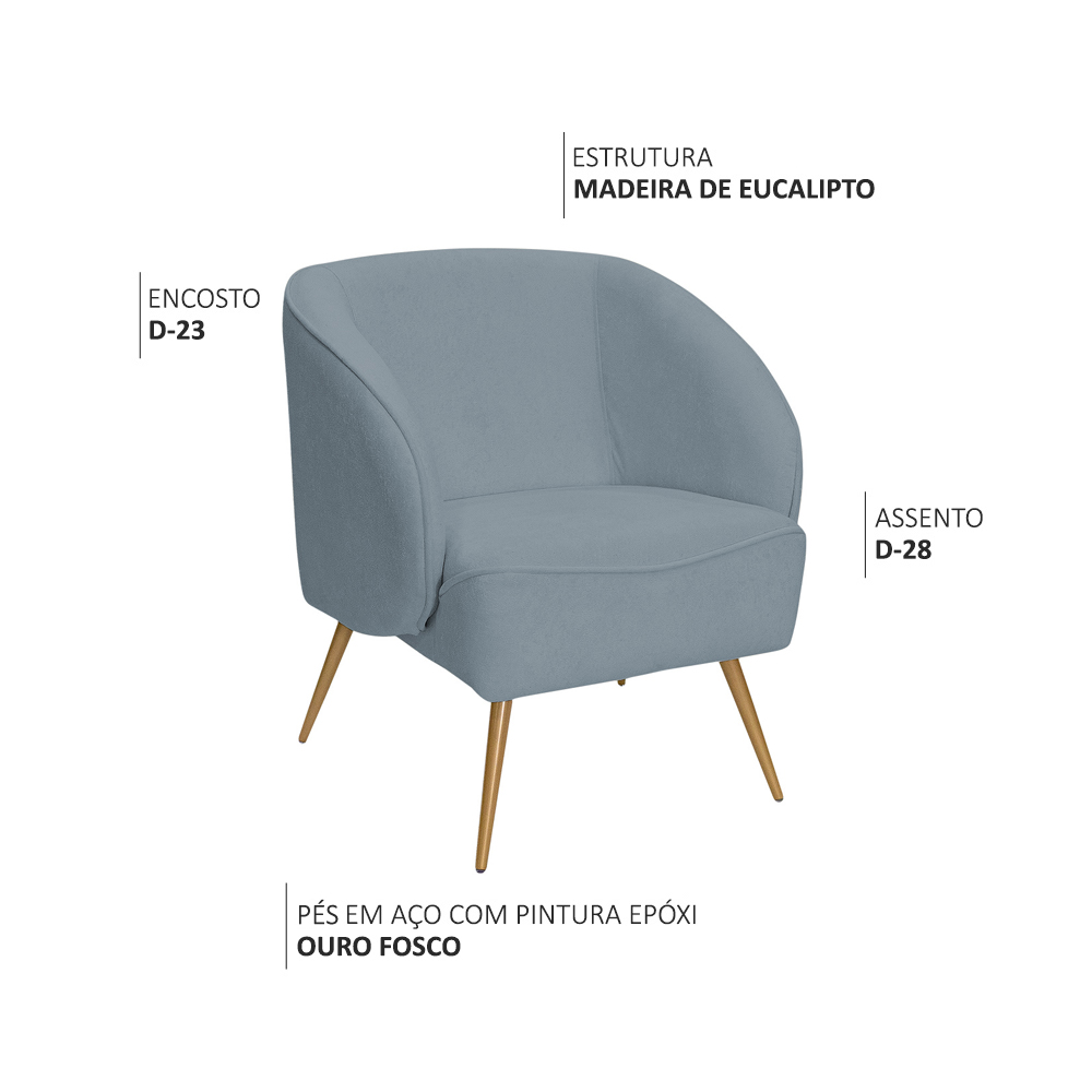 Poltrona Para Sala de Estar Agnes Pés Aço Ouro Fosco Bouclé Azul Claro - Nexta Casa