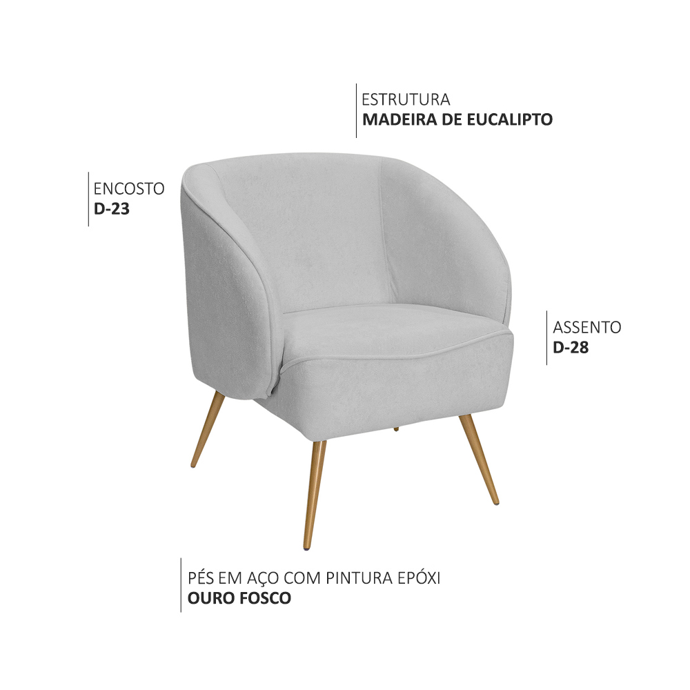 Poltrona Para Sala de Estar Agnes Pés Aço Ouro Fosco Bouclé Cinza Claro - Nexta Casa