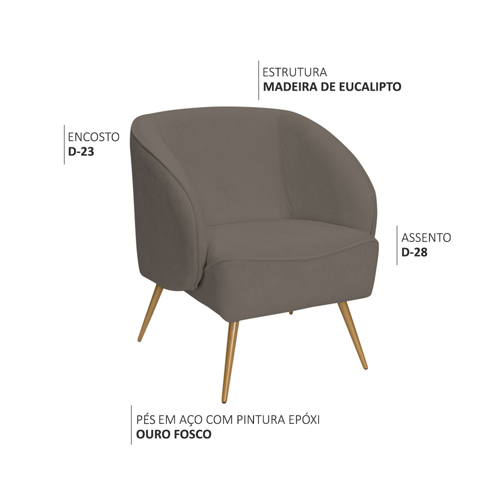 Poltrona Para Sala de Estar Agnes Pés Aço Ouro Fosco Bouclé Marrom - Nexta Casa