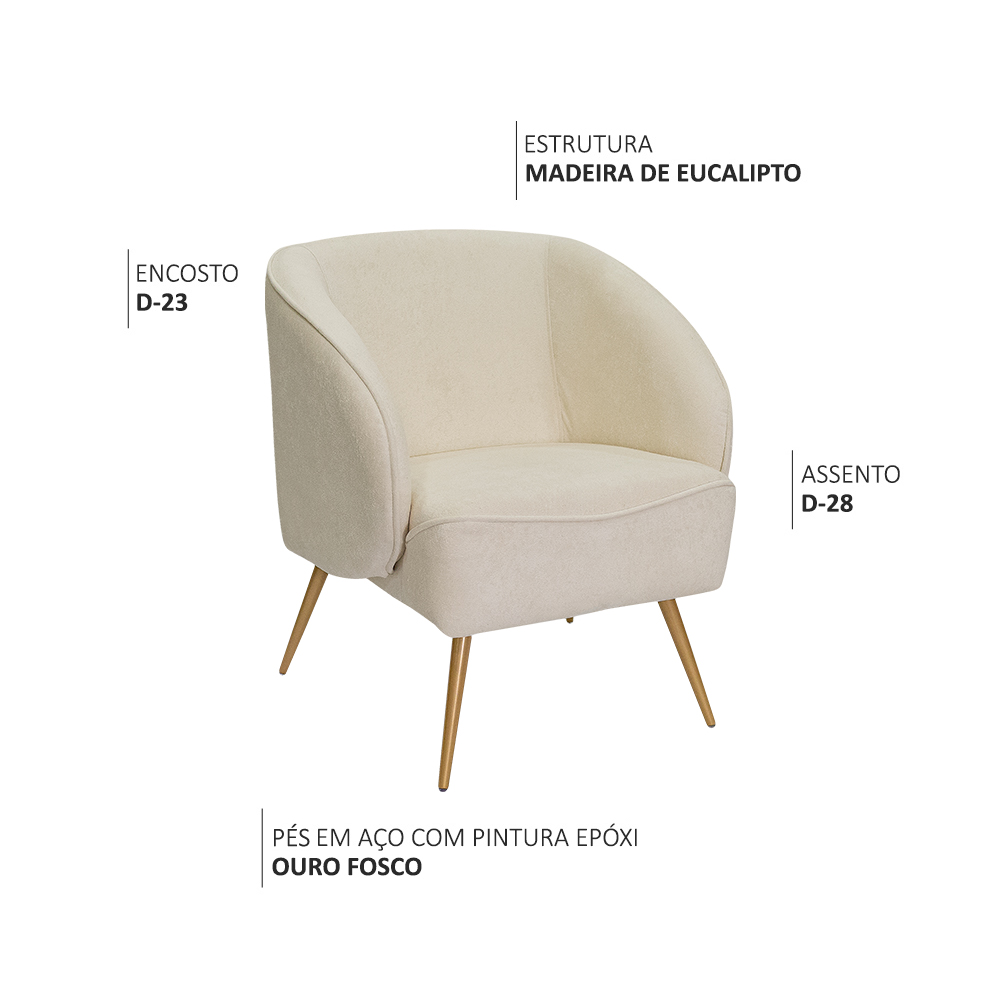Poltrona Para Sala de Estar Agnes Pés Aço Ouro Fosco Bouclé Off White - Nexta Casa