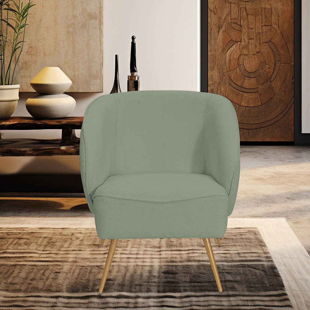 Poltrona Para Sala de Estar Agnes Pés Aço Ouro Fosco Bouclé Verde Claro - Nexta Casa